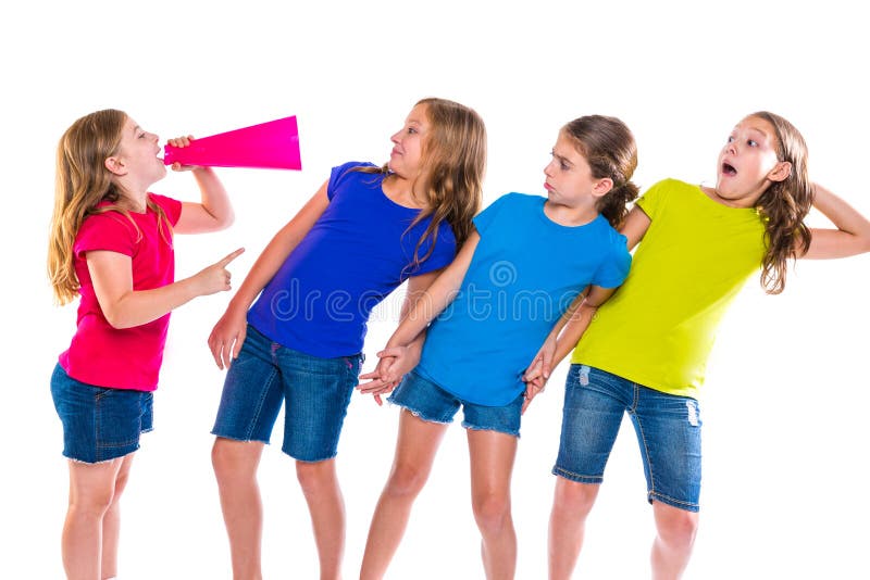 Megaphone leader kid girl shouting speaking to friends on white background political leadership. Megaphone leader kid girl shouting speaking to friends on white background political leadership