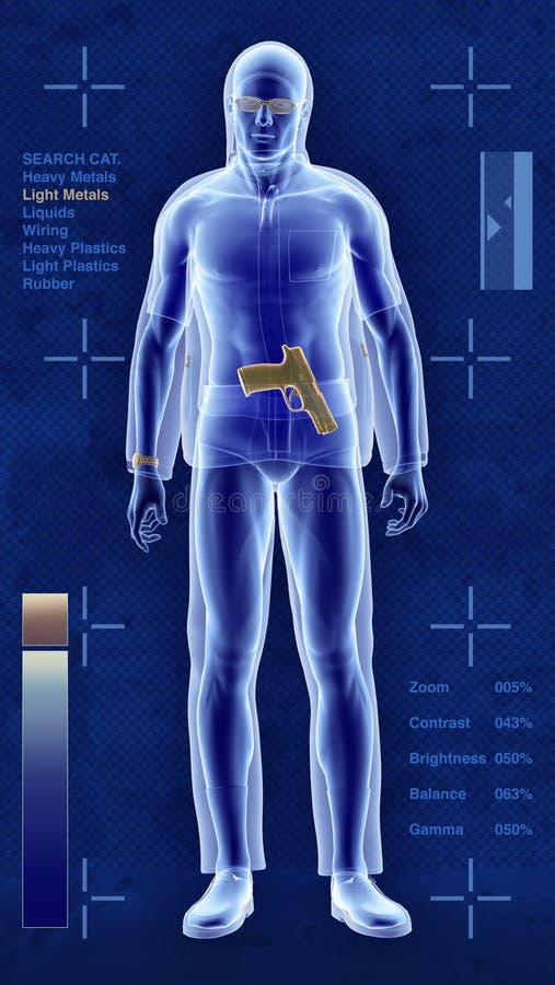 3D illustration of a simulated security scan, showing man with a hidden gun. 3D illustration of a simulated security scan, showing man with a hidden gun.