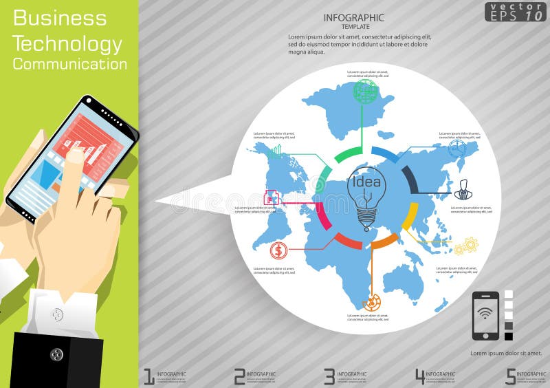技术横跨世界现代想法的营业通讯和概念导航例证与象的Infographic模板 皇族释放例证 技术横跨世界现代想法的营业通讯和概念导航例证与象的Infographic模板 皇族释放例证