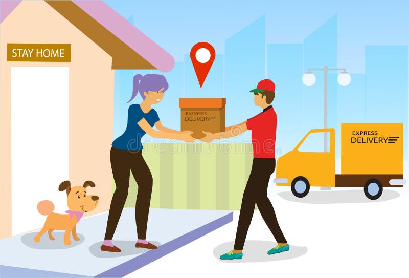 Stay home delivery during coronavirus covid-19 epidemic: man delivering a box to a customer and leaving the box at a safe distance,Vector flat illustration, design online express delivery service concept. Stay home delivery during coronavirus covid-19 epidemic: man delivering a box to a customer and leaving the box at a safe distance,Vector flat illustration, design online express delivery service concept