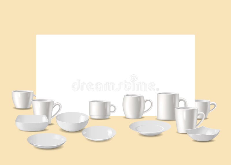 Empty white dishware, utensil for bar or restaurant vector illustration. Set of white plates, bowls, white dishware and cups isolated on beige background with white space for text poster. Empty white dishware, utensil for bar or restaurant vector illustration. Set of white plates, bowls, white dishware and cups isolated on beige background with white space for text poster.