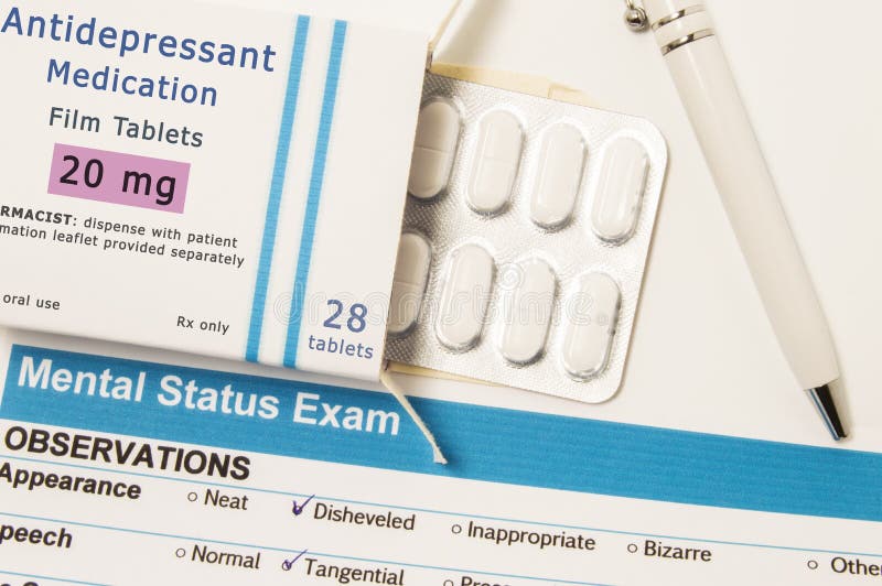 抗抑郁药物或药物。装有药物泡罩的包装盒，药物名称为抗抑郁药物，位于 库存图片