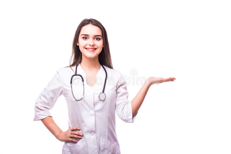 护士医生与听诊器,显示某事在开放棕榈的举行手的妇女微笑, 库存图片 护士医生与听诊器,显示某事在开放棕榈的举行手的妇女微笑, 库存图片