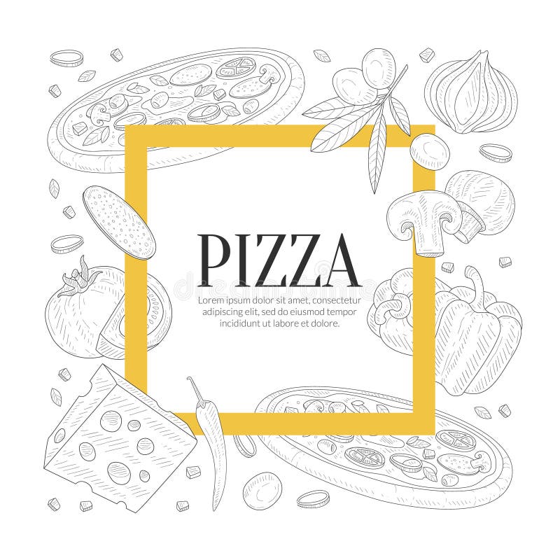 Pizza Banner Template, Traditional Italian Dish Ingredients of Square Shape Hand Drawn Vector Illustration, Web Design. Pizza Banner Template, Traditional Italian Dish Ingredients of Square Shape Hand Drawn Vector Illustration, Web Design.