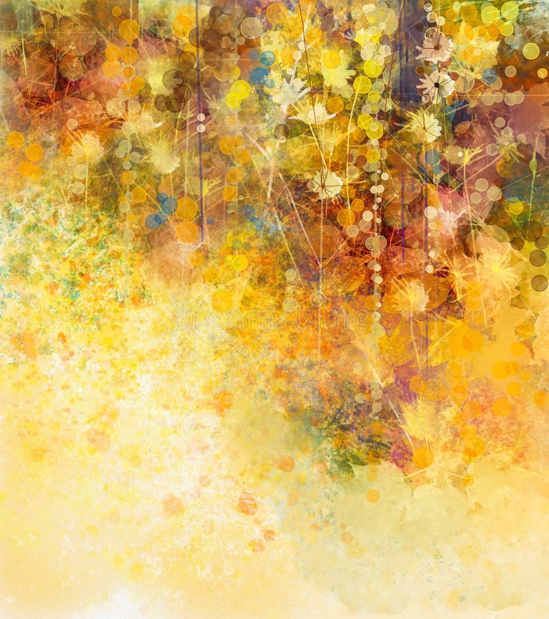 Abstract Watercolor painting, white flowers and soft color leaves.Yellow-brown color texture on grunge paper background. Vintage painting flowers style in soft color and blur background for your design. Abstract Watercolor painting, white flowers and soft color leaves.Yellow-brown color texture on grunge paper background. Vintage painting flowers style in soft color and blur background for your design