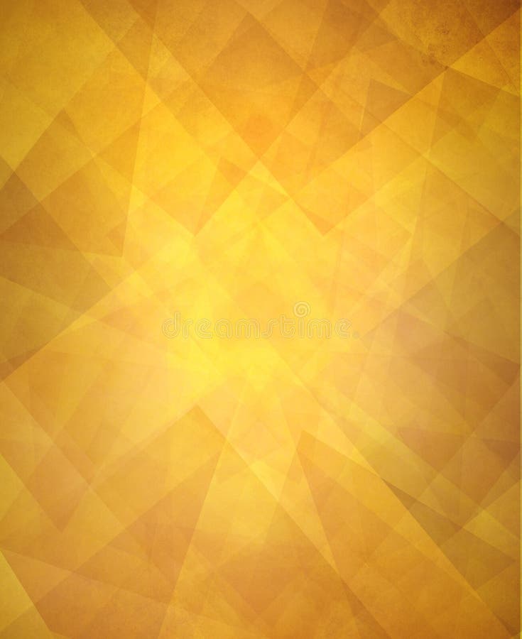 Abstract gold triangle background design, layers of faint transparent triangles texture on golden orange background with bright yellow gold in the center and brown orange hue vignette border for copyspace. Abstract gold triangle background design, layers of faint transparent triangles texture on golden orange background with bright yellow gold in the center and brown orange hue vignette border for copyspace