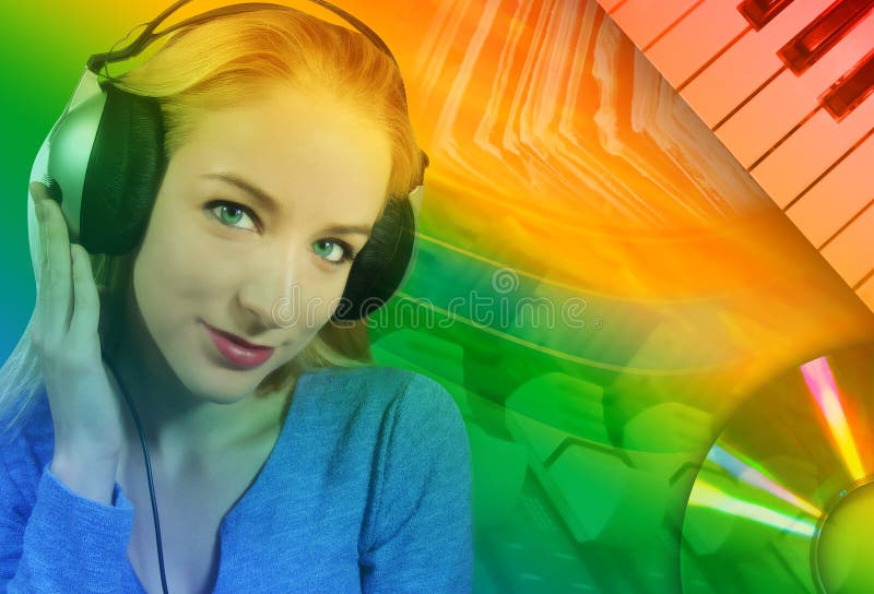 A woman is listening to music on her headphones with an abstract music background behind her. A woman is listening to music on her headphones with an abstract music background behind her.