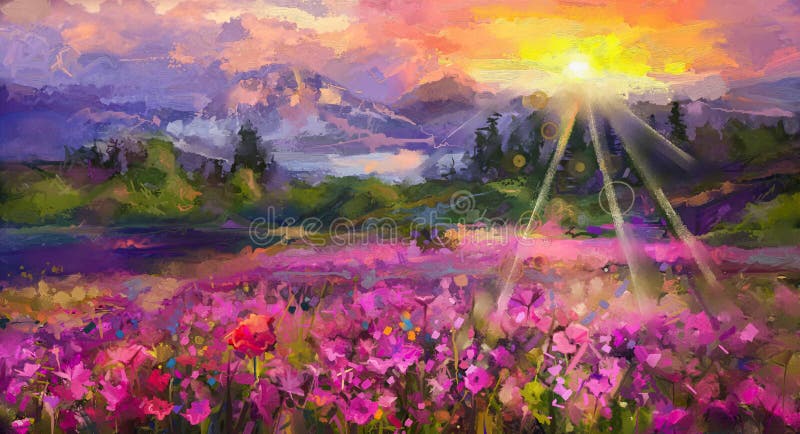 抽象彩色油画，紫色宇宙花库存例证. 插画包括有开花, 附庸风雅, 季节