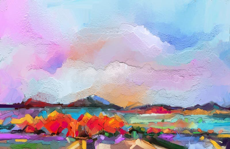 抽象油画风景五颜六色的半抽象树，领域，河，草甸库存例证. 插画包括有