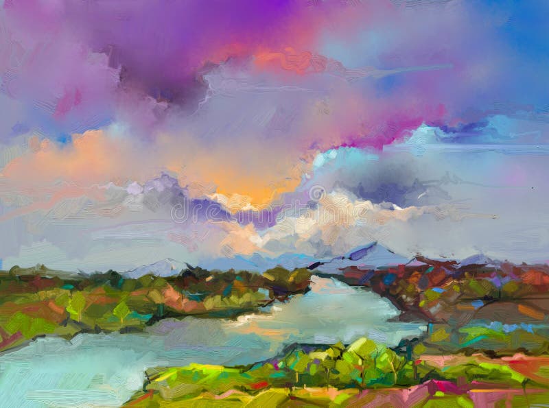 抽象風景油彩画 抽象油画风景。抽象风景自然，背景当代艺术库存例证. 插画包括有小山