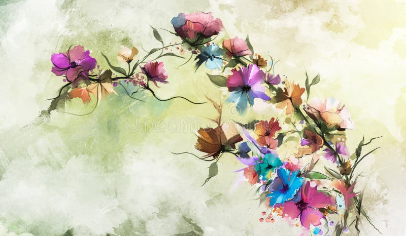 抽象花卉油漆绘画 在软的颜色的手画黄色和红色花 花绘画葡萄酒样式和黄色, 库存例证