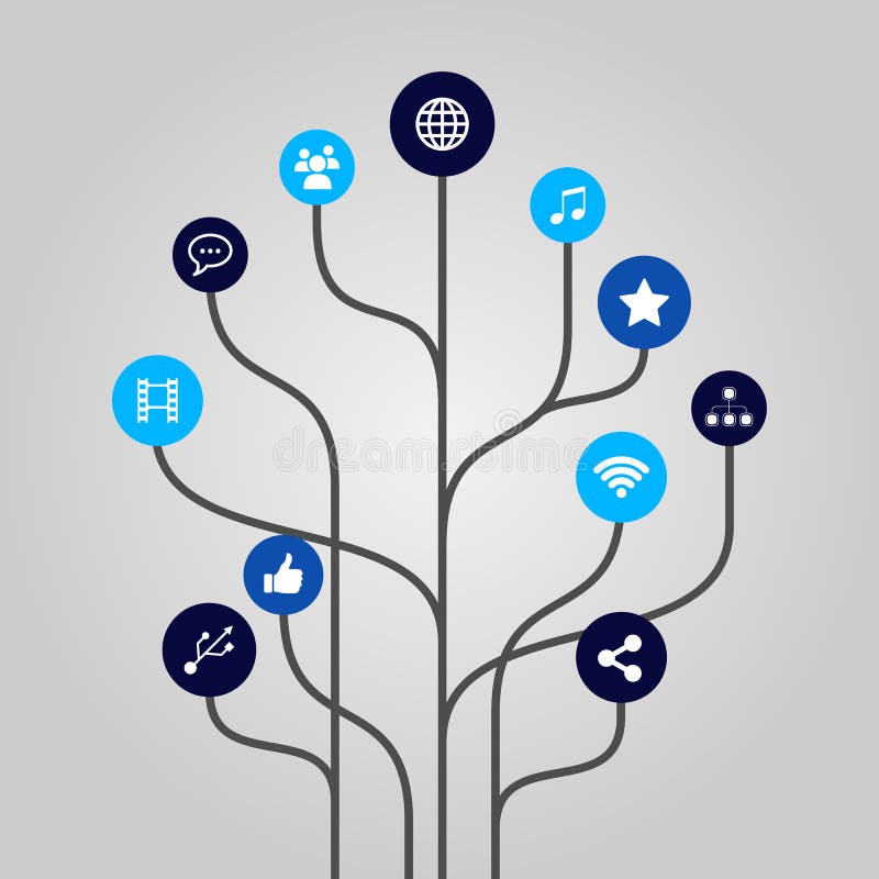Abstract illustration of a tree with icons related to connectivity, communication, social media and mobile phone applications. Abstract illustration of a tree with icons related to connectivity, communication, social media and mobile phone applications.