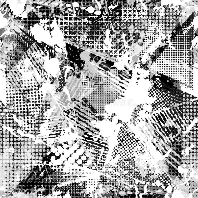 抽象都市无缝的样式 Grunge纹理背景 拖着脚走路的下落喷洒，三角，小点，黑白浪花