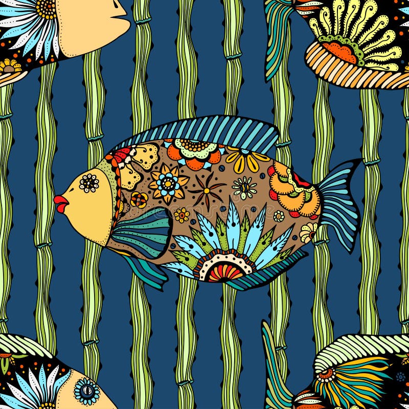 Seamless background of abstract fish: pipefish and small fish, plants, hand drawn style zentangl. Colored vector illustration. Seamless background of abstract fish: pipefish and small fish, plants, hand drawn style zentangl. Colored vector illustration.