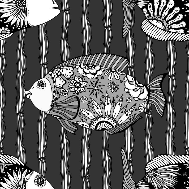 Seamless background of abstract fish: pipefish and small fish, plants, hand drawn style zentangl. Black and white vector illustration. Seamless background of abstract fish: pipefish and small fish, plants, hand drawn style zentangl. Black and white vector illustration.