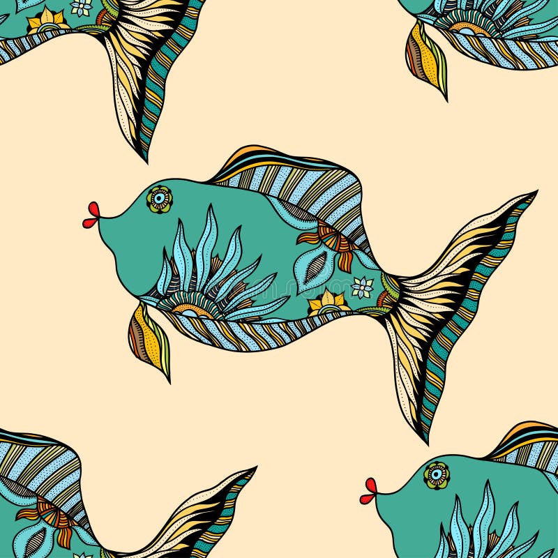 Seamless background of abstract fish: pipefish and small fish, plants, hand drawn style zentangl. Colored vector illustration. Seamless background of abstract fish: pipefish and small fish, plants, hand drawn style zentangl. Colored vector illustration.