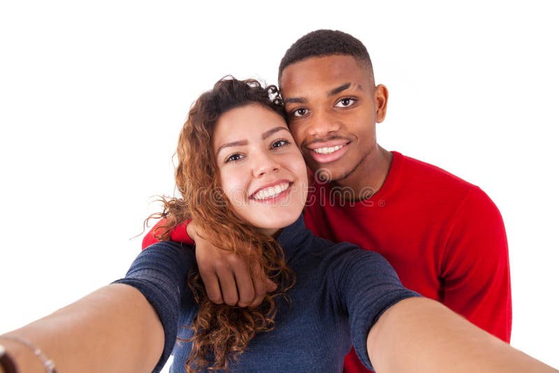 拍在一白色backg的愉快的混合的族种夫妇一张selfie照片 库存照片 拍在一白色backg的愉快的混合的族种夫妇一张selfie照片 库存照片
