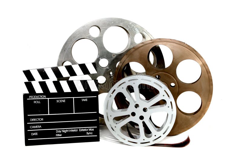 Film Canisters With Directors Clapboard on White Background. Film Canisters With Directors Clapboard on White Background