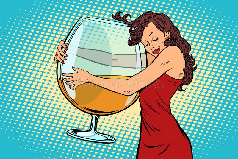 Woman hugging a glass of wine. the love for alcohol. Comic book cartoon pop art retro vector illustration drawing. Woman hugging a glass of wine. the love for alcohol. Comic book cartoon pop art retro vector illustration drawing