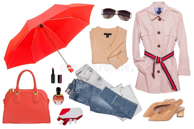拼贴女装 一套时尚时髦的女装大衣、鞋子、毛衣、手提包、牛仔裤、雨伞和其他