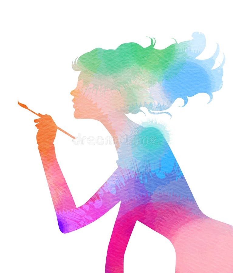 Side view of beautiful artist girl holding paint brush isolated over white background. Woman silhouette plus abstract water color painted. Digital art painting. Side view of beautiful artist girl holding paint brush isolated over white background. Woman silhouette plus abstract water color painted. Digital art painting.