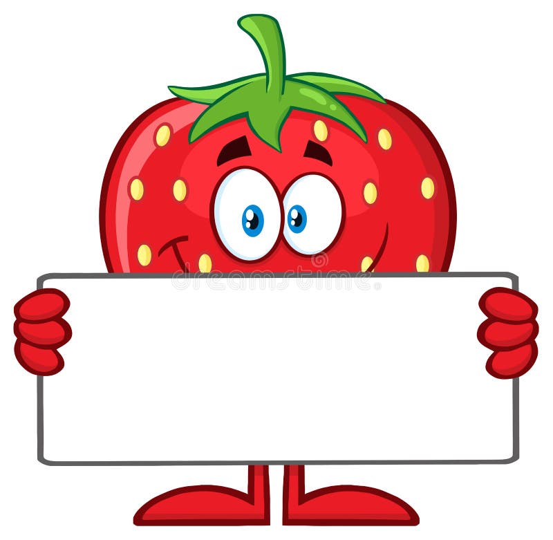 拿着一个空白的标志的微笑的草莓果子动画片吉祥人字符