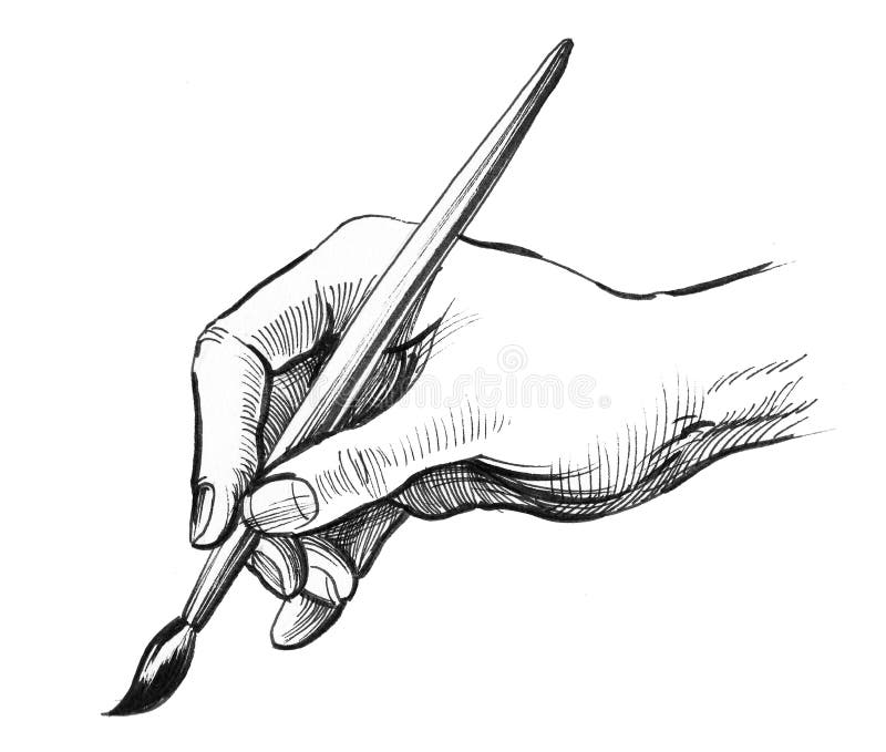 Ink black and white retro styled illustration of a hand holding a painting brush. Ink black and white retro styled illustration of a hand holding a painting brush