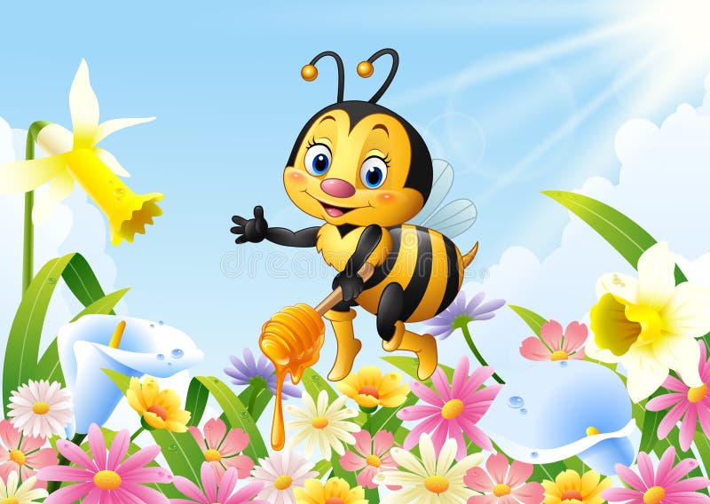 Illustration of Cartoon bee holding honey dipper with flower background. Illustration of Cartoon bee holding honey dipper with flower background