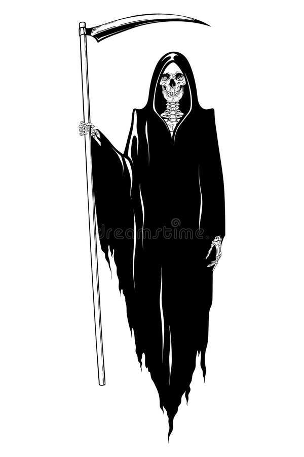 Grim Reaper with the scythe posing isolated vector illustration. Hand drawn gothic style placard, poster or print design. Grim Reaper with the scythe posing isolated vector illustration. Hand drawn gothic style placard, poster or print design.