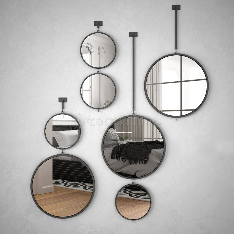 Round mirrors hanging on the wall reflecting interior design scene, classic luxury white and gray bedroom, modern architecture concept idea. Round mirrors hanging on the wall reflecting interior design scene, classic luxury white and gray bedroom, modern architecture concept idea.