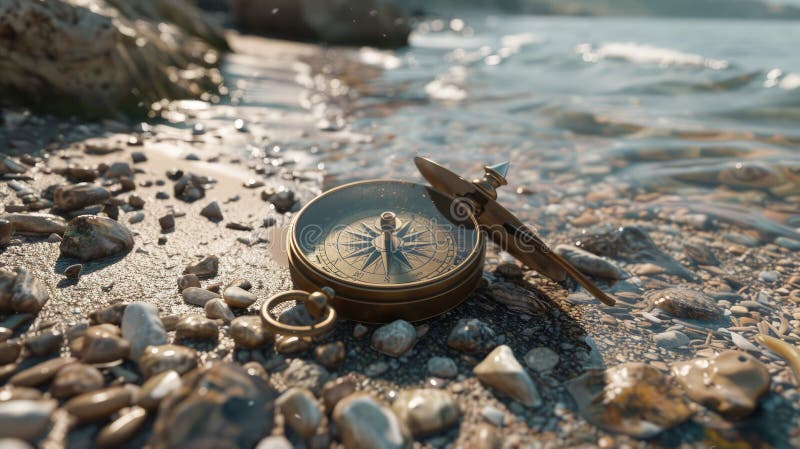 A compass rests on a stack of rocks amid natural materials like soil and wood. The electric blue water surrounds the landscape, home to marine biology like molluscs in the circle of life AI generated. A compass rests on a stack of rocks amid natural materials like soil and wood. The electric blue water surrounds the landscape, home to marine biology like molluscs in the circle of life AI generated