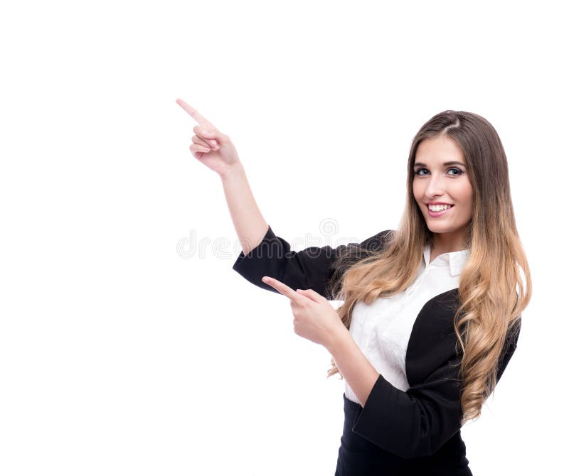 指向在某事的愉快的美丽的女实业家隔绝在白色背景 库存照片