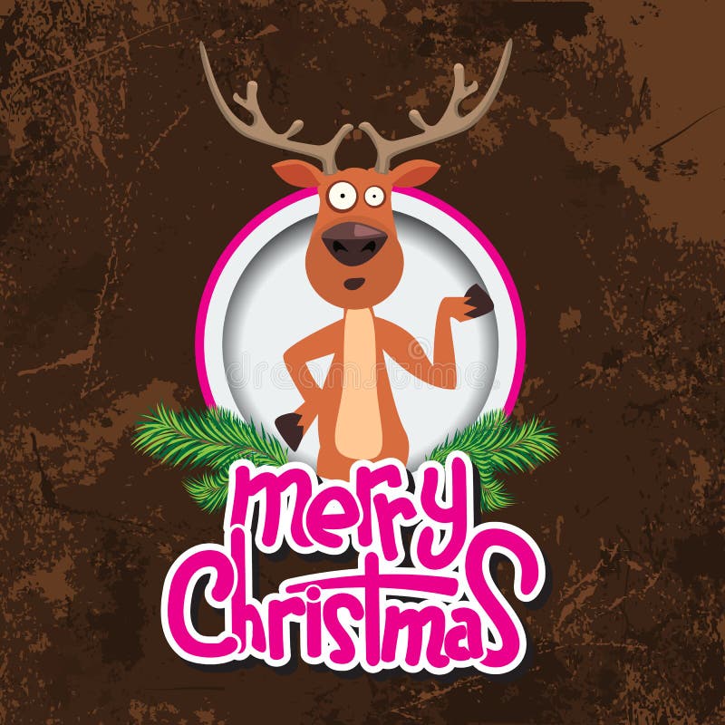 Christmas greeting card design with reindeer pointing at something in a circle. Merry christmas calligraphy. Old paper and Grunge effect with carving style Vector Illustration. Christmas greeting card design with reindeer pointing at something in a circle. Merry christmas calligraphy. Old paper and Grunge effect with carving style Vector Illustration