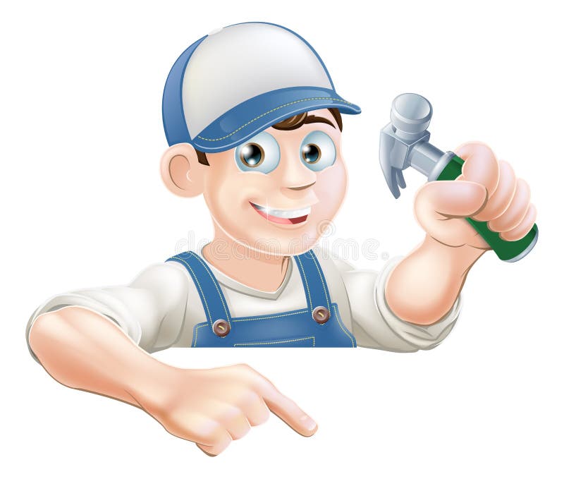 A cartoon carpenter or construction guy with a hammer peeking over a sign or banner and pointing at it. A cartoon carpenter or construction guy with a hammer peeking over a sign or banner and pointing at it