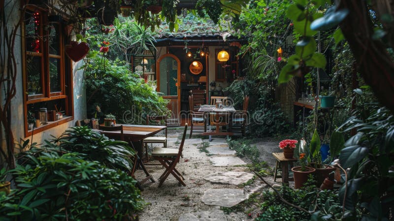 探索隐藏的瑰宝，秘密花园，舒适的书店，迷人的庭院和古朴的咖啡馆 库存照片