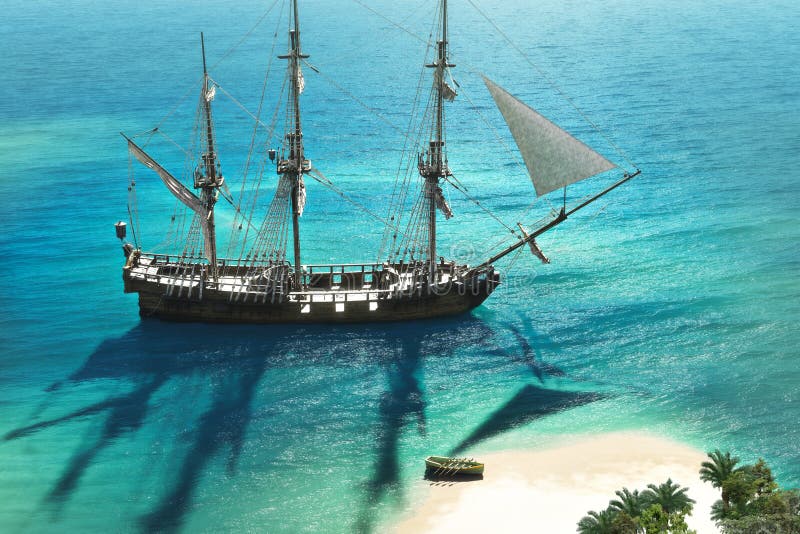 A pirate or merchant ship anchored next to an island with the crew going ashore. A pirate or merchant ship anchored next to an island with the crew going ashore.