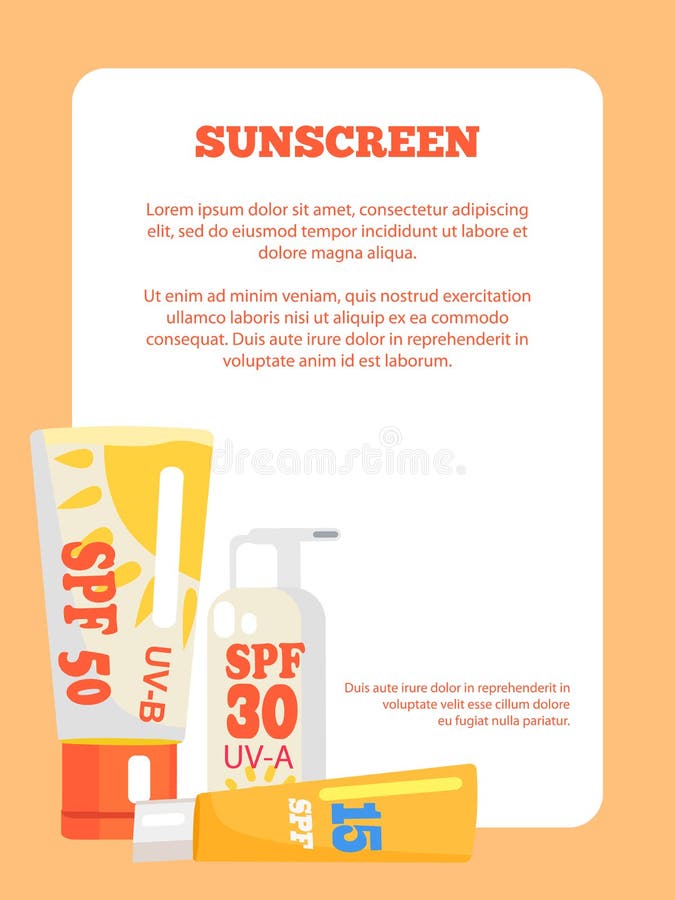 Sunscreen poster with square light orange frame and inscription. Vector illustration depicting different types of spf sunblock lotions. Sunscreen poster with square light orange frame and inscription. Vector illustration depicting different types of spf sunblock lotions