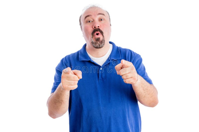 Argumentative loquacious man making a point pointing at the camera with his fingers while talking non-stop isolated on white. Argumentative loquacious man making a point pointing at the camera with his fingers while talking non-stop isolated on white