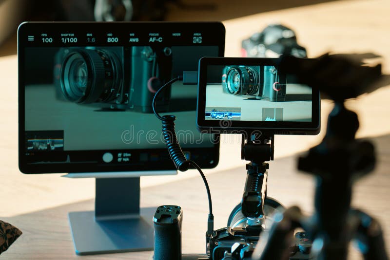 相机系绳设置 视频监控 生产工作流程 免版税库存图片