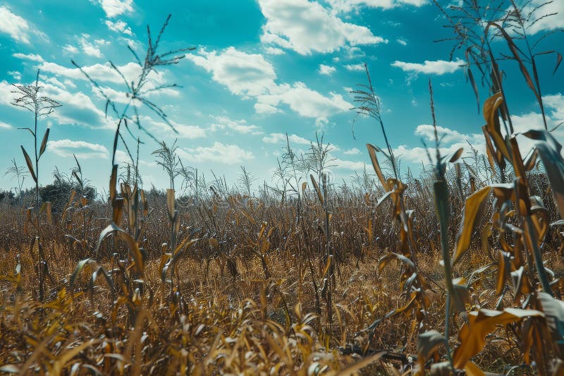 A field of tall, swaying cornstalks being harvested for biofuel production. A field of tall, swaying cornstalks being harvested for biofuel production.