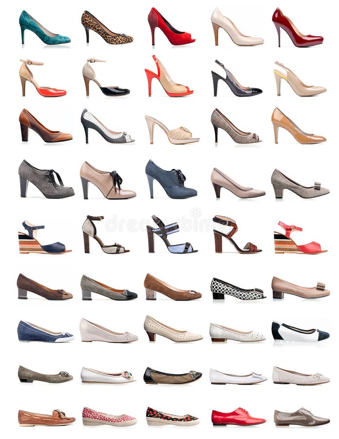 Collection of various types of female shoes over white. Collection of various types of female shoes over white