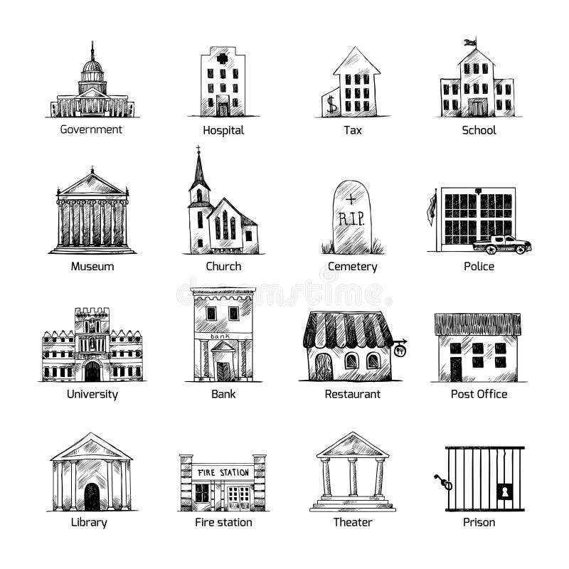 Government building icons set in hand draw style of post cemetery museum school church theater isolated vector illustration. Government building icons set in hand draw style of post cemetery museum school church theater isolated vector illustration.