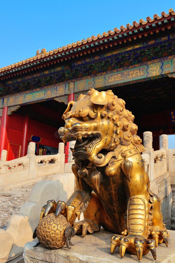 Lion statue and historical architecture in Forbidden City in Beijing, China. Lion statue and historical architecture in Forbidden City in Beijing, China.