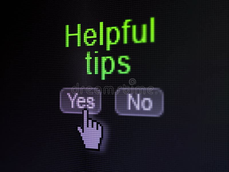 Education concept: buttons yes and no with pixelated word Helpful Tips and Hand cursor on digital computer screen, selected focus 3d render. Education concept: buttons yes and no with pixelated word Helpful Tips and Hand cursor on digital computer screen, selected focus 3d render