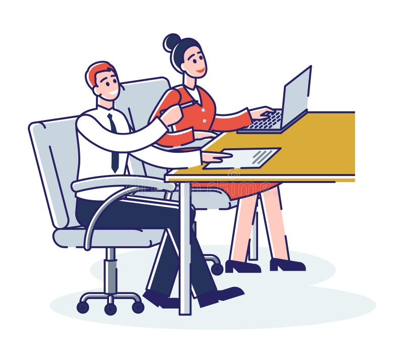 教育观 快乐的青年男女学生坐在校桌旁听老师 库存例证