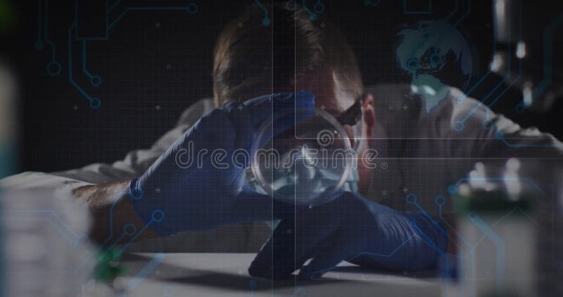 数字电路叠置在暗实验室灯下的中成男科学家检查培养皿 影视素材