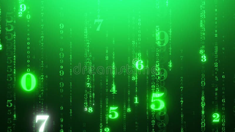 关于数字命理学知识的秘密. 闪光的数字下降下来，并对神秘的背景. 亮度数字 库存例证