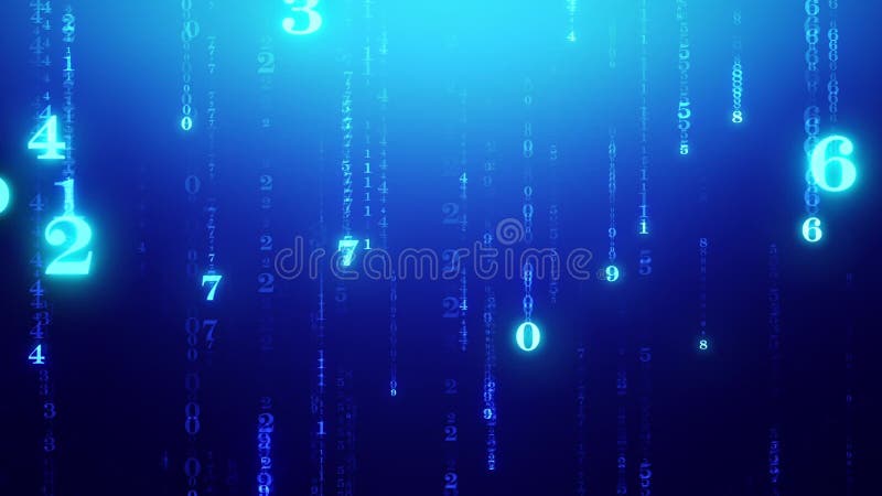 关于数字命理学知识的秘密. 闪光的数字下降下来，并对神秘的背景. 亮度数字 皇族释放例证