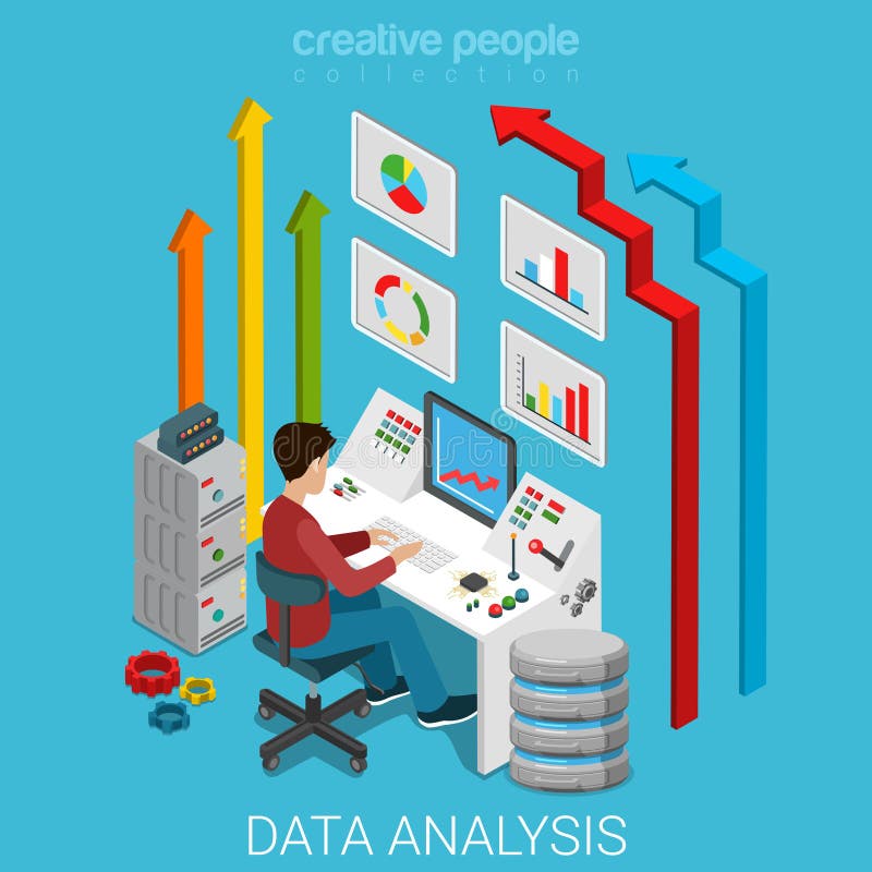 Data analysis flat 3d isometry isometric marketing business technology concept web vector illustration. Casual man working with server computer management interface button remote controller and arrows. Data analysis flat 3d isometry isometric marketing business technology concept web vector illustration. Casual man working with server computer management interface button remote controller and arrows