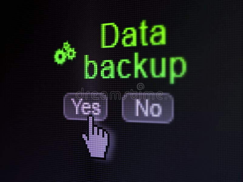 Data concept: buttons yes and no with pixelated Gears icon, word Data Backup and Hand cursor on digital computer screen, selected focus 3d render. Data concept: buttons yes and no with pixelated Gears icon, word Data Backup and Hand cursor on digital computer screen, selected focus 3d render